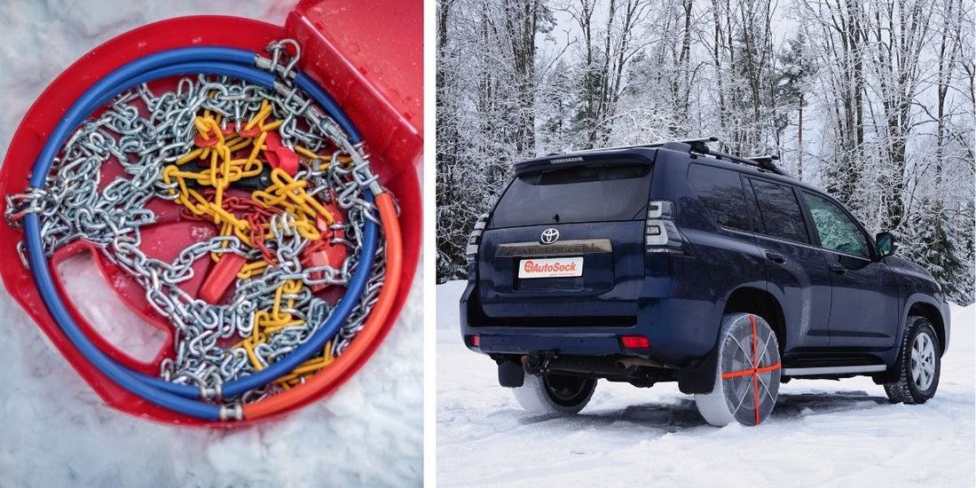 左側の雪の上には赤い箱入りの金属製スノーチェーン、右側のトヨタSUV後輪には繊維製スノーチェーンが装着されている。
